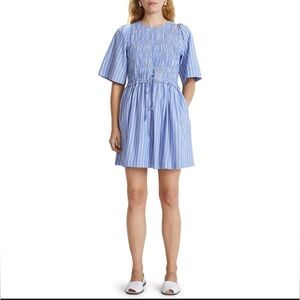 Apiece Apart Adorna Blue and White Stripe Smocked Mini Dress - Medium